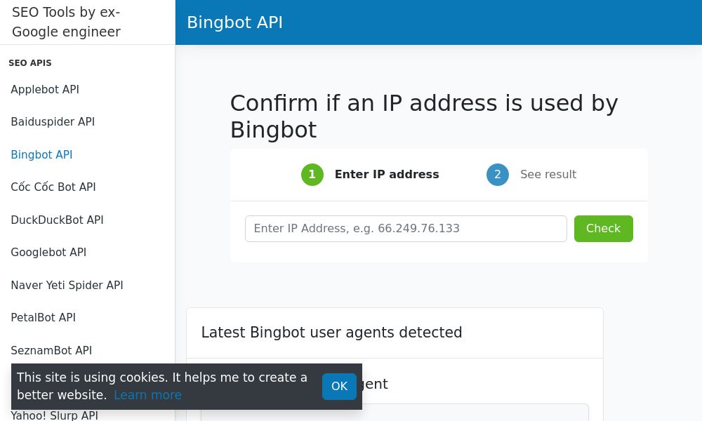 Screenshot of Bingbot API