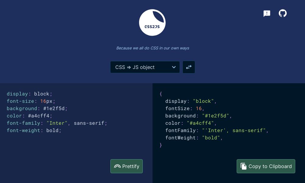 Screenshot of CSS2JS