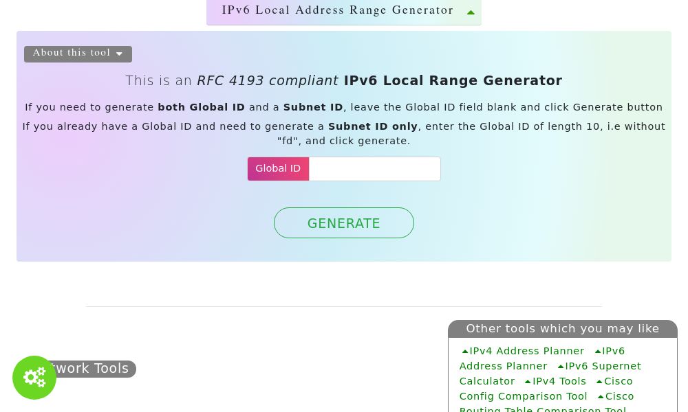 Screenshot of IPv6 Local Address Range Generator