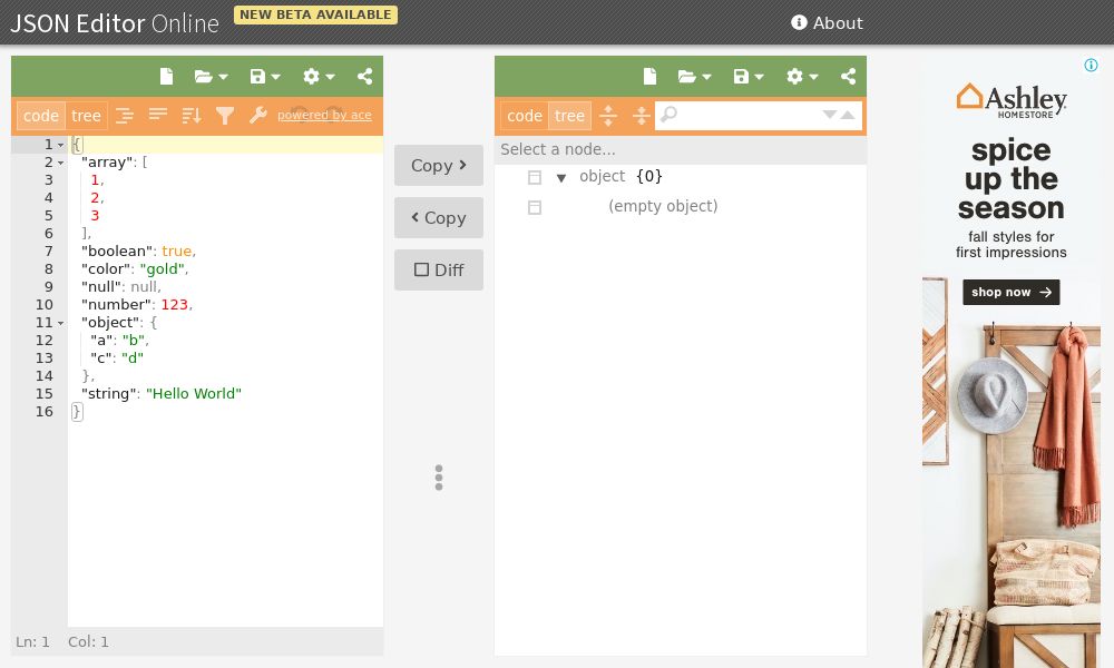 Screenshot of JSON Editor Online