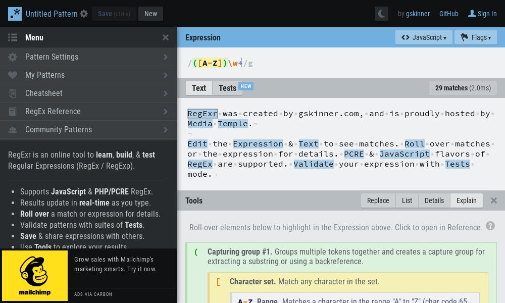 Screenshot of RegExr