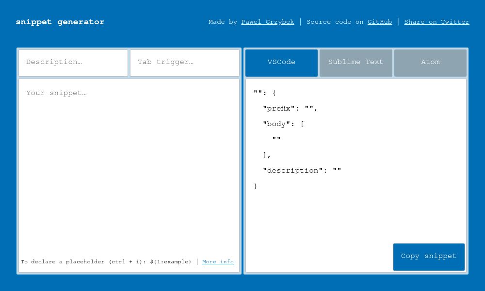 Screenshot of snippet generator